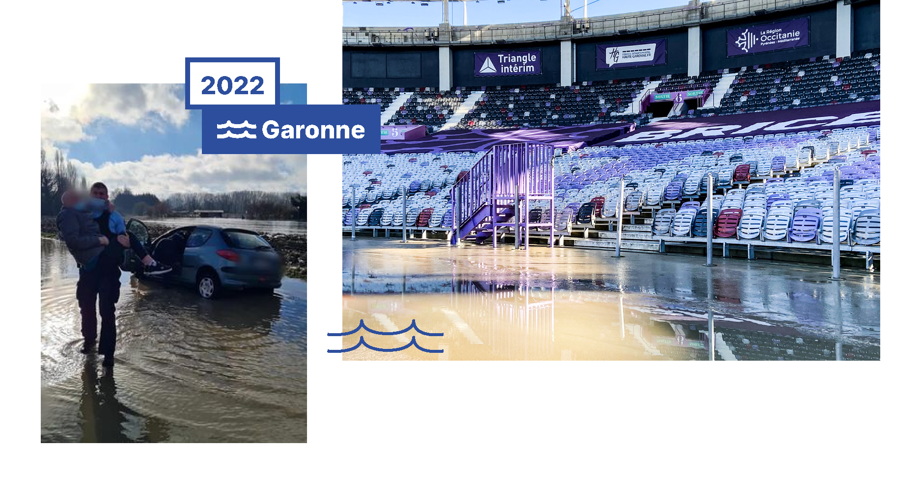 Automobiliste secouru par un gendarme à Saint-Jory et le stadium de Toulouse partiellement inondé lors de la crue de la Garonne en janvier 2022.