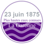 Modèle de repère de crue, ici pour la crue de la Garonne du 23 juin 1875. Ce macaron indique les plus hautes eaux connues.