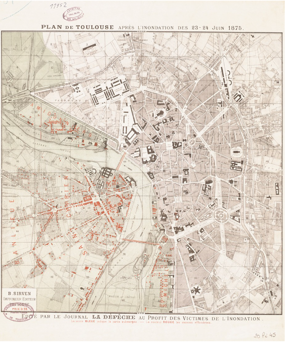 Plan de Toulouse après l'inondation des 23 et 24 juin 1875. La zone inondable est représentée. Elle couvre tout le faubourg Saint-Cyprien, une partie du faubourg Saint-Michel, Empalot, les Amidoniers et les Sept-Deniers. Les nombreux bâtiments détruits sont indiqués en rouge.