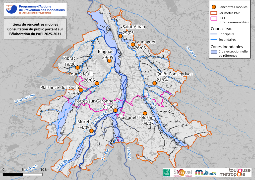 Carte présentant les lieux et dates des rencontres-mobiles organisées lors de la consultation citoyenne pour l'élaboration du PAPI 2025-2031