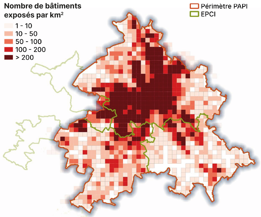 Carte de densité des bâtiments exposés aux inondations par ruissellement en cas de pluie exceptionnelle.