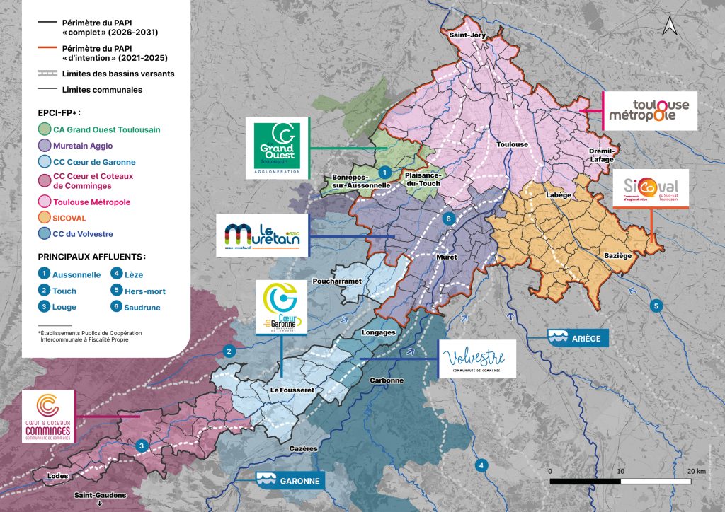 Carte du périmètre du Programme d'Actions de Prévention des Inondations (PAPI), avec localisation des cours d'eau, ainsi que des communes et des Établissements Publics de Coopération Intercommunale (EPCI) membres. 
