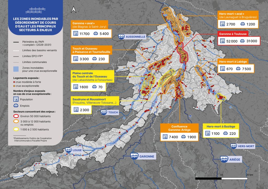 Carte de localisation des zones inondables par débordement de la Garonne et de ses affluents. Les logements situés dans ces zones sont également identifiés, ainsi que les secteurs concentrant le plus grand nombre de logements et/ou d'entreprises en zone inondable. 