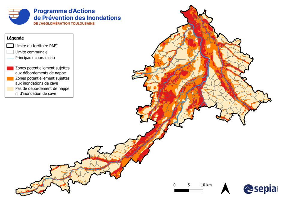 Carte des zones inondables par remontée de nappes à l'échelle du PAPI de l'agglomération toulousaine (source des données : BRGM, 2023)