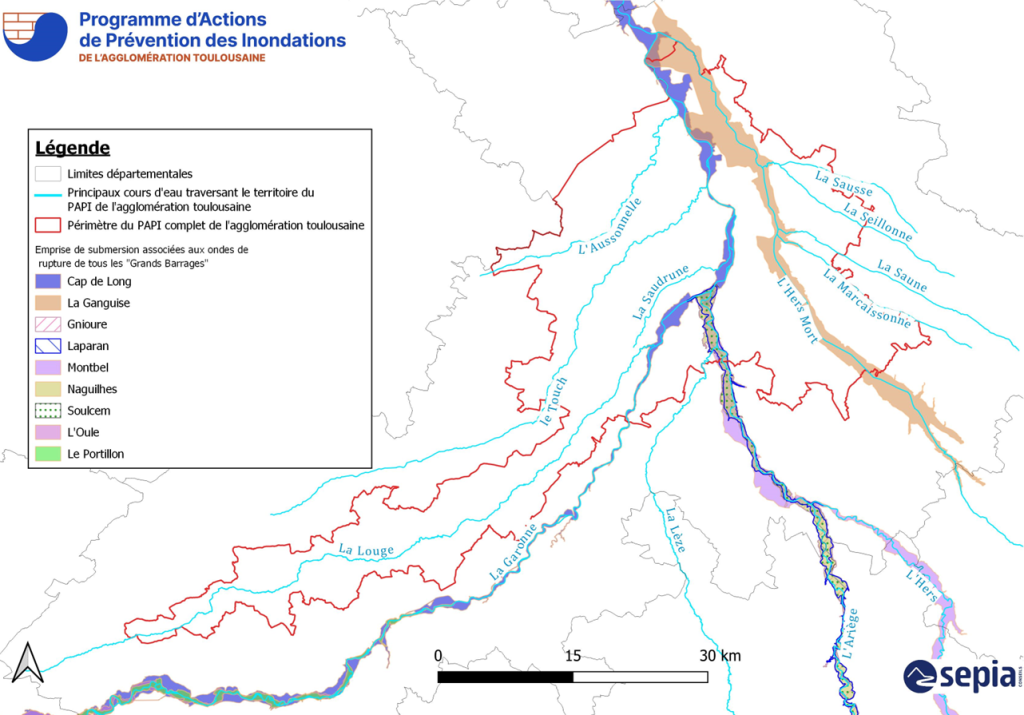 Carte des zones inondables par rupture des grands barrages affectant le territoire du PAPI de l'agglomération toulousaine (source données : DDT 31)