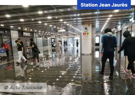 Photo de la station de métro Jean Jaurès inondée le 11 juin 2023 (ruissellement)