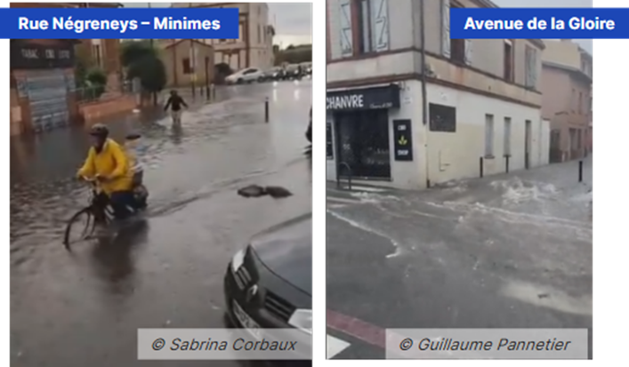 Photos illustrant l'épisode de ruissellement du 11 juin 2023 à Toulouse, rue Négreneys et Avenue de la Gloire